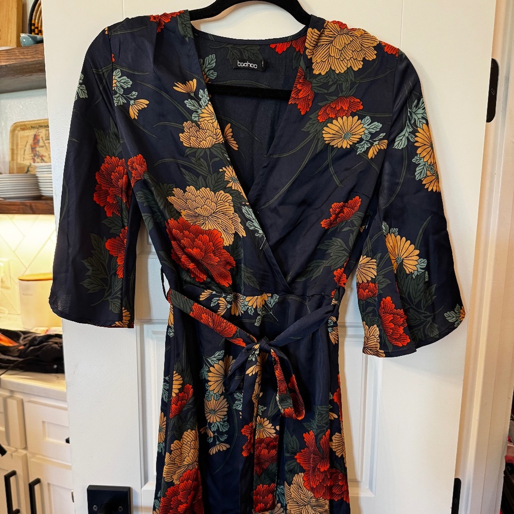 Satin Navy Blue Fall Floral Mini Dress Size 4